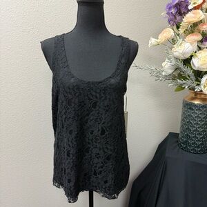 NWT Kenar Black Lace Tank Top L Scoop Neck Floral Overlay Dressy Blouse